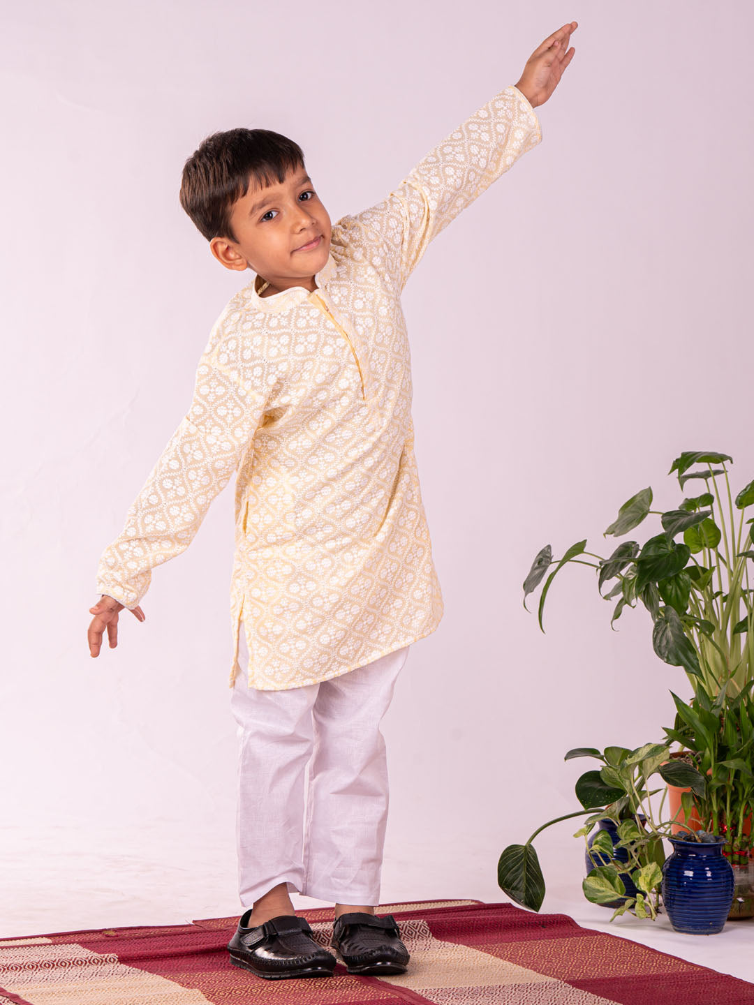 Boy's' Yellow Chikankari Worked Cotton Kurta Pyjama Set