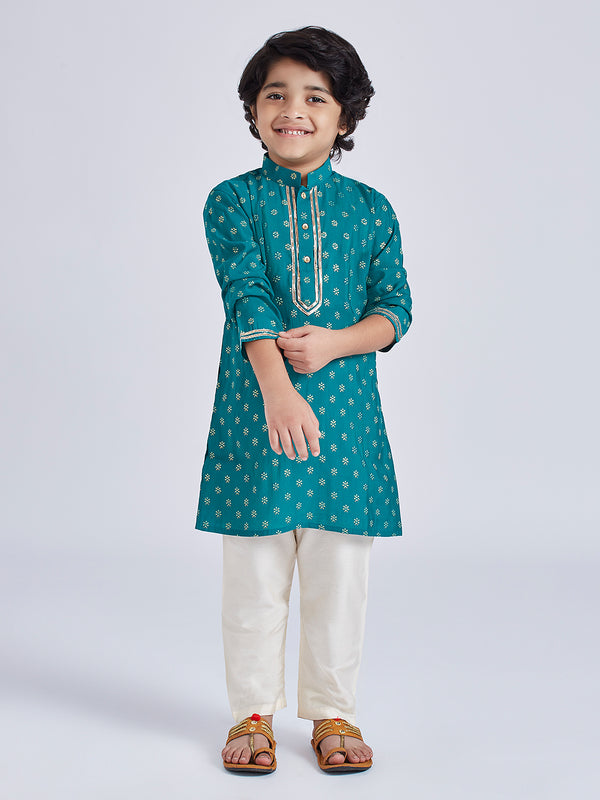 Boy's' Green And Cream Kurta Pyjama Set