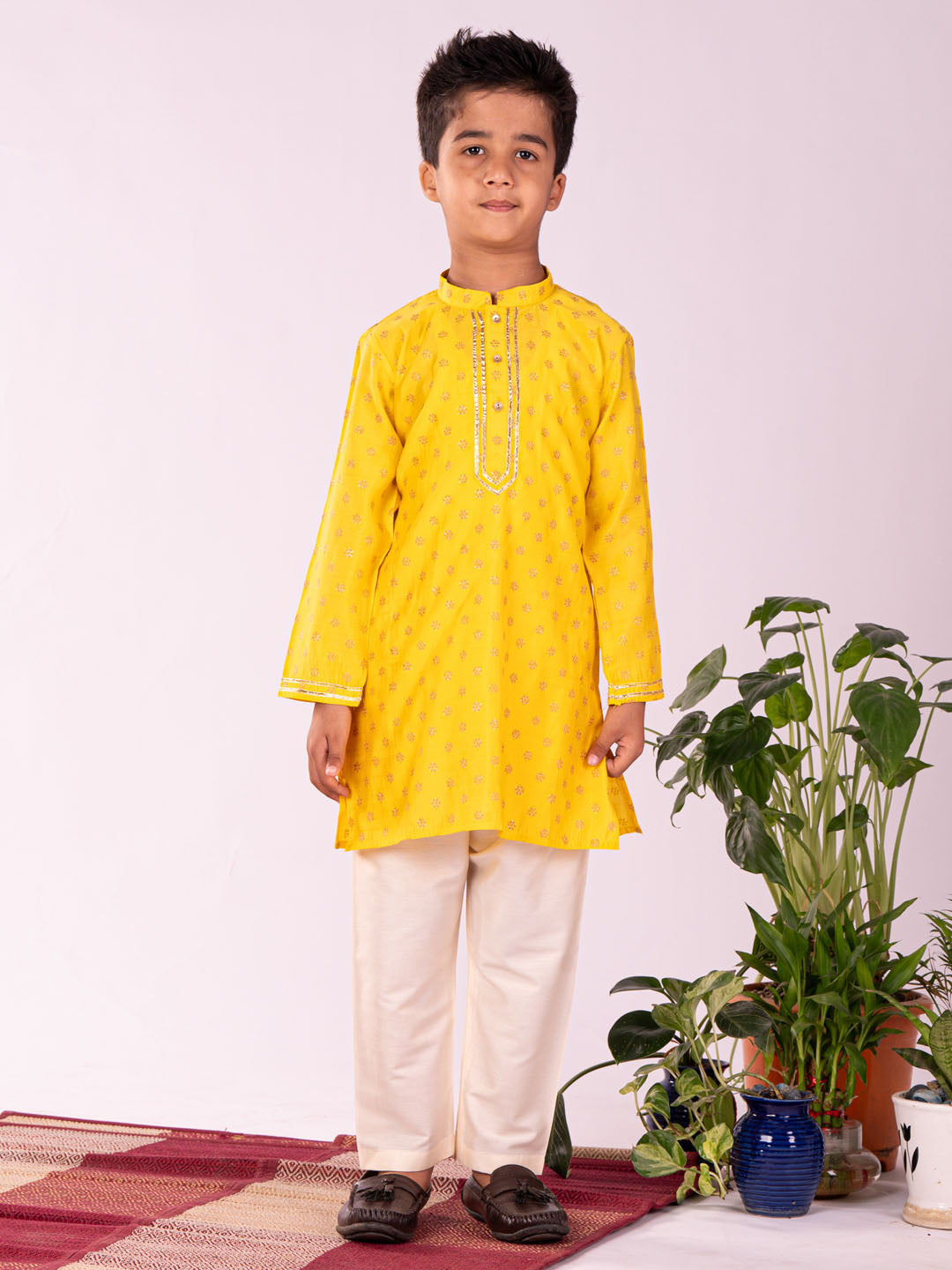 Boy's' Yellow And Cream Kurta Pyjama Set