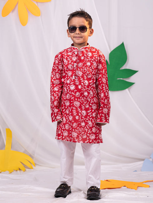 Boy's' Red And White Kurta And Pyjama Set