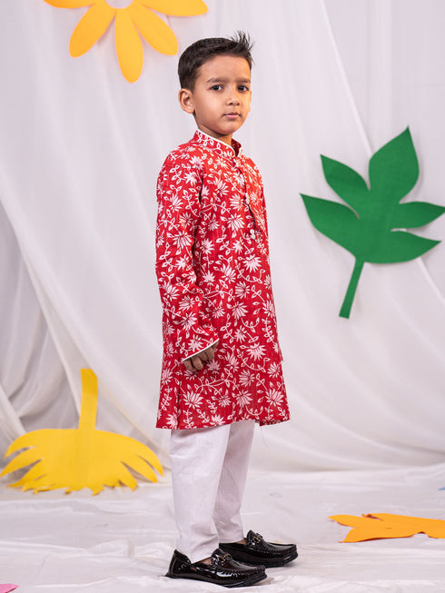 Boy's' Red And White Kurta And Pyjama Set