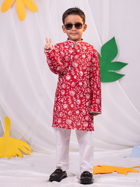 Boy's' Red And White Kurta And Pyjama Set