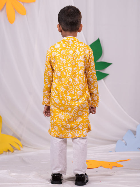 Boy's' Yellow And White Kurta And Pyjama Set