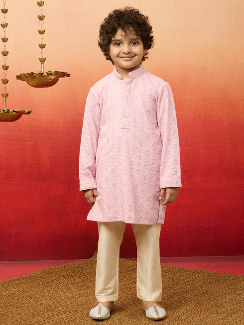 Boys Onion Linen Chikankari Kurta Pajama Set