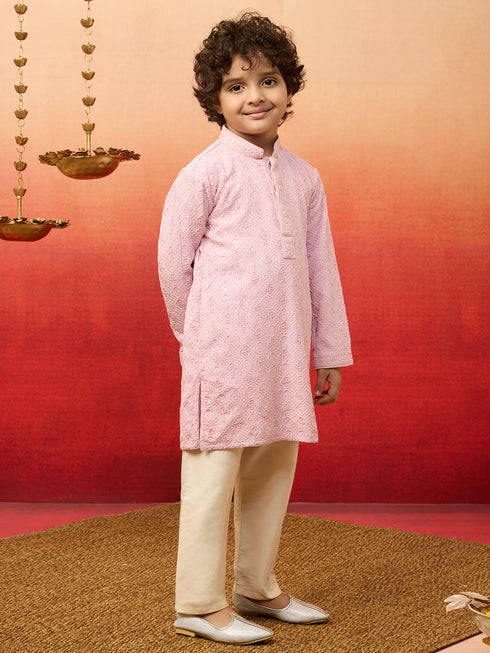 Boys Onion Linen Chikankari Kurta Pajama Set