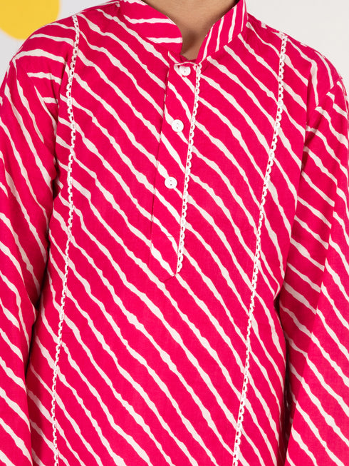 Infant Boy's' Pink And White Cotton Kurta And Pyjama Set