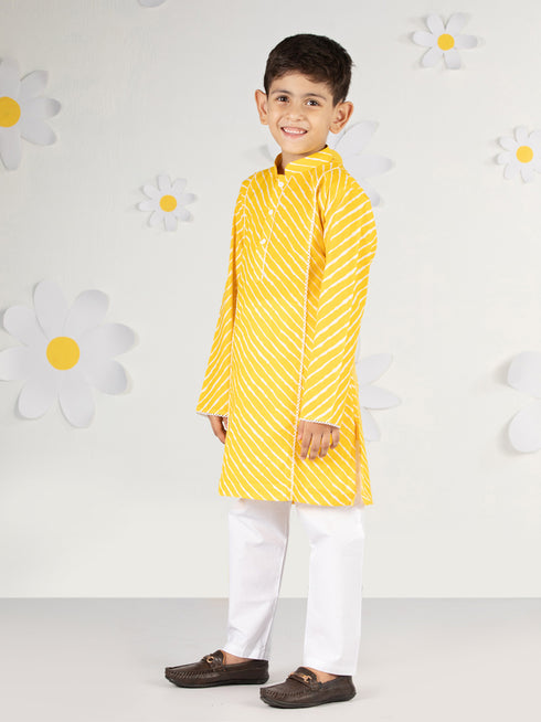 Infant Boy's' Yellow And White Cotton Kurta And Pyjama Set
