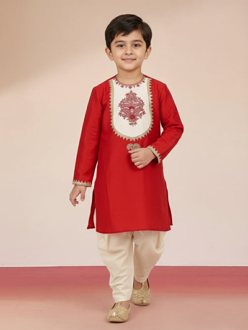 Boy's Red Viscose Kurta with Cream Dhoti
