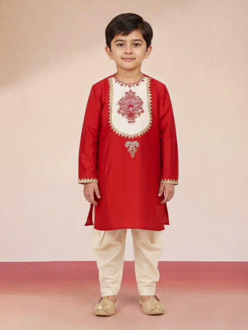 Boy's Red Viscose Kurta with Cream Dhoti
