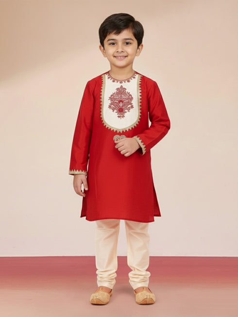 Boy's Red Viscose Kurta with Cream Pyjama
