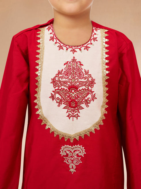Boy's Red Viscose Kurta with Cream Pyjama
