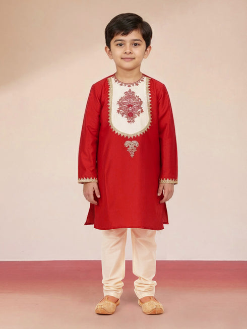 Boy's Red Viscose Kurta with Cream Pyjama