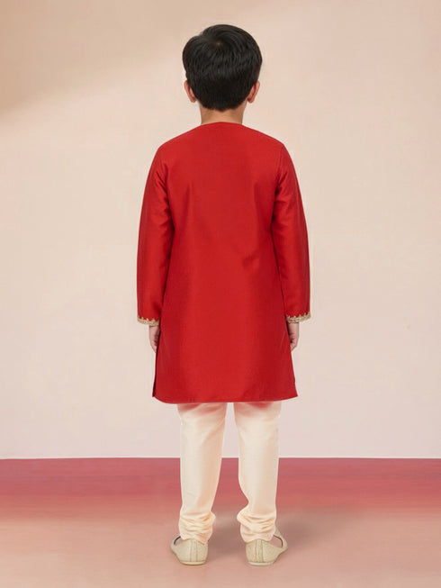 Boy's Red Viscose Kurta with Cream Pyjama
