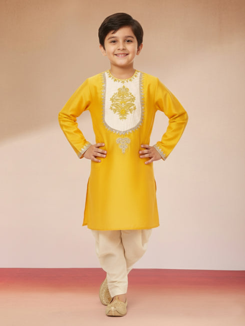 Boy's Yellow Viscose Kurta with Cream Dhoti