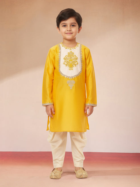 Boy's Yellow Viscose Kurta with Cream Dhoti
