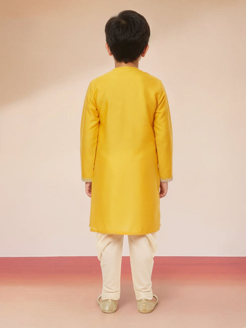 Boy's Yellow Viscose Kurta with Cream Dhoti
