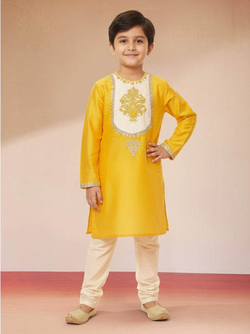 Boy's Yellow Viscose Kurta with Cream Pyjama