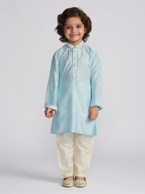 Boy's' Aqua And Cream Kurta And Pyjama Set