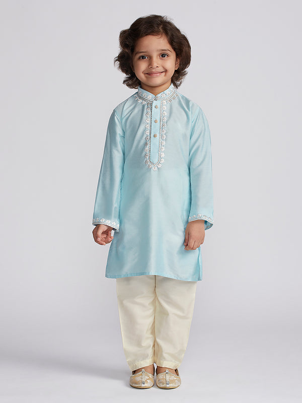 Boy's' Aqua And Cream Kurta And Pyjama Set