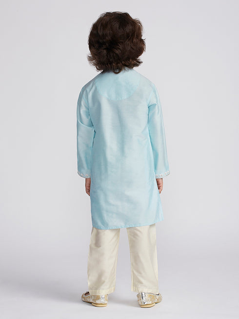 Boy's' Aqua And Cream Kurta And Pyjama Set