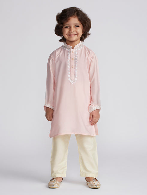Boy's' Pink And Cream Kurta And Pyjama Set