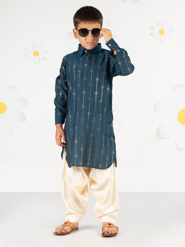 Boy's Turquoise Kurta Set With Cream Patiala