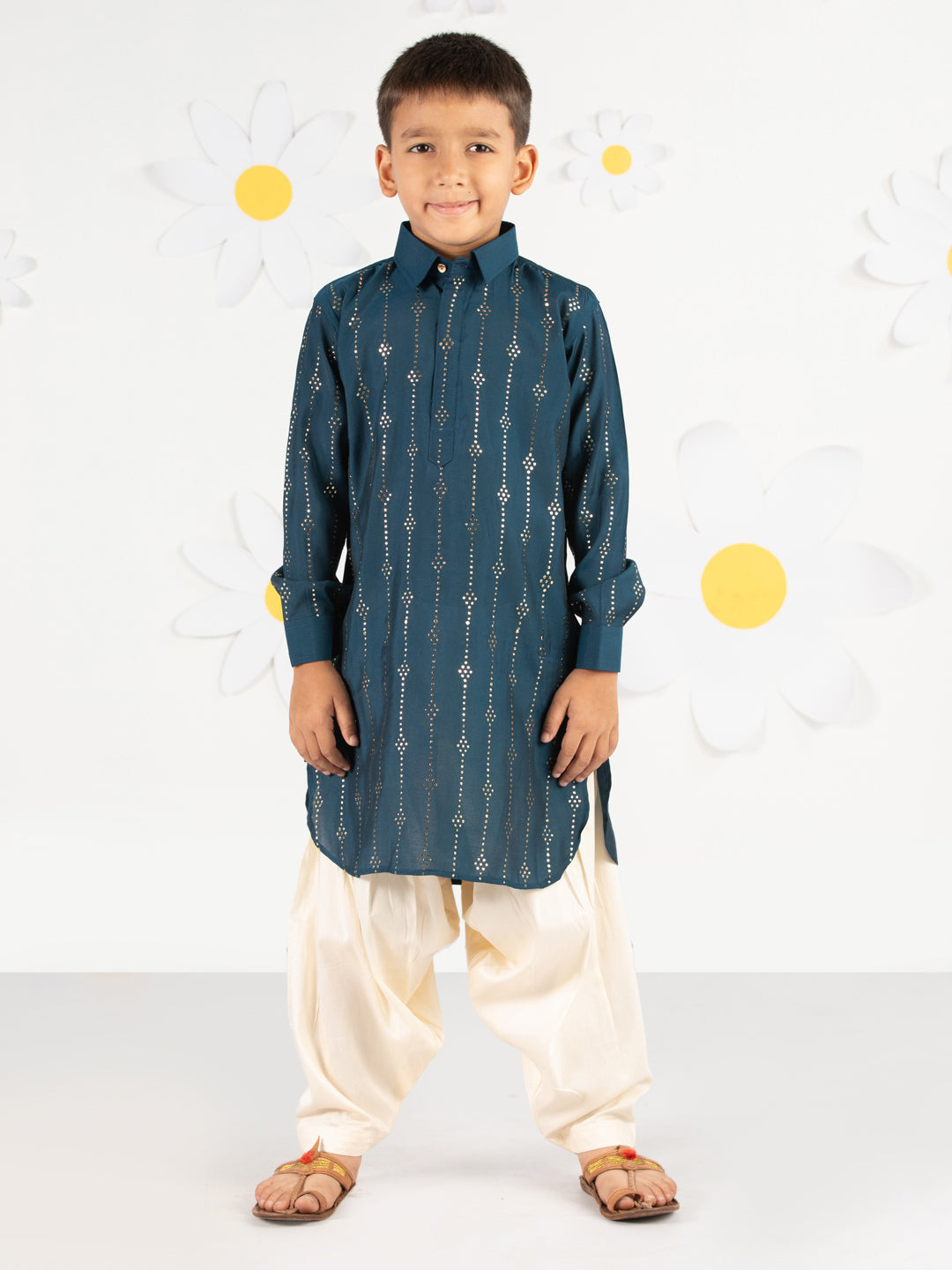 Boy's Turquoise Kurta Set With Cream Patiala