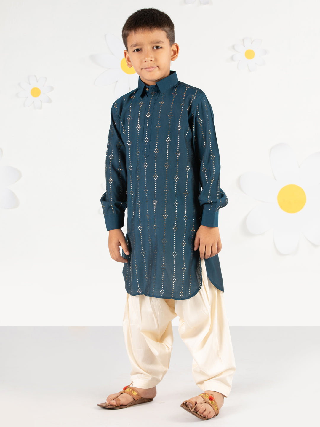 Boy's Turquoise Kurta Set With Cream Patiala