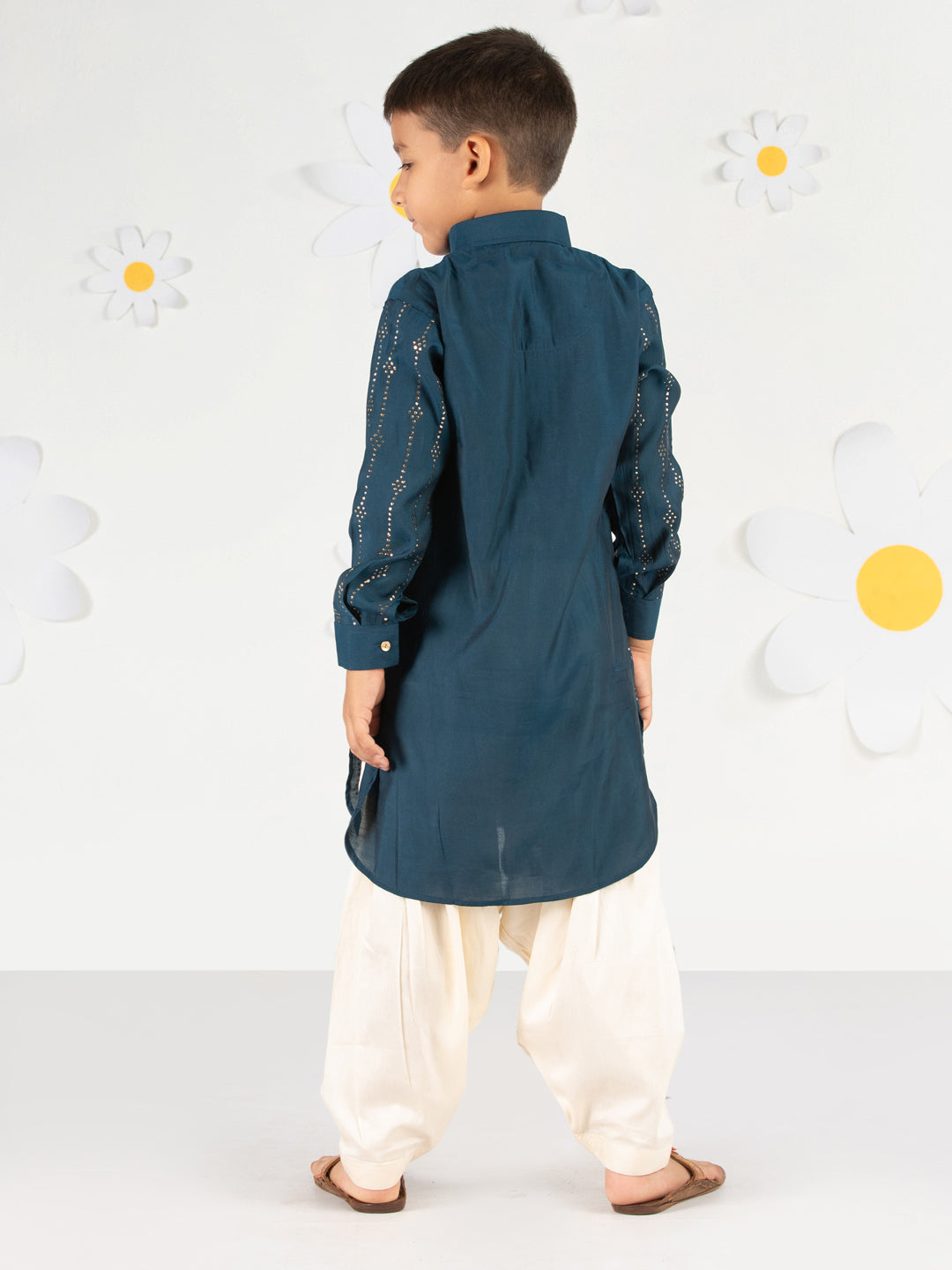 Boy's Turquoise Kurta Set With Cream Patiala