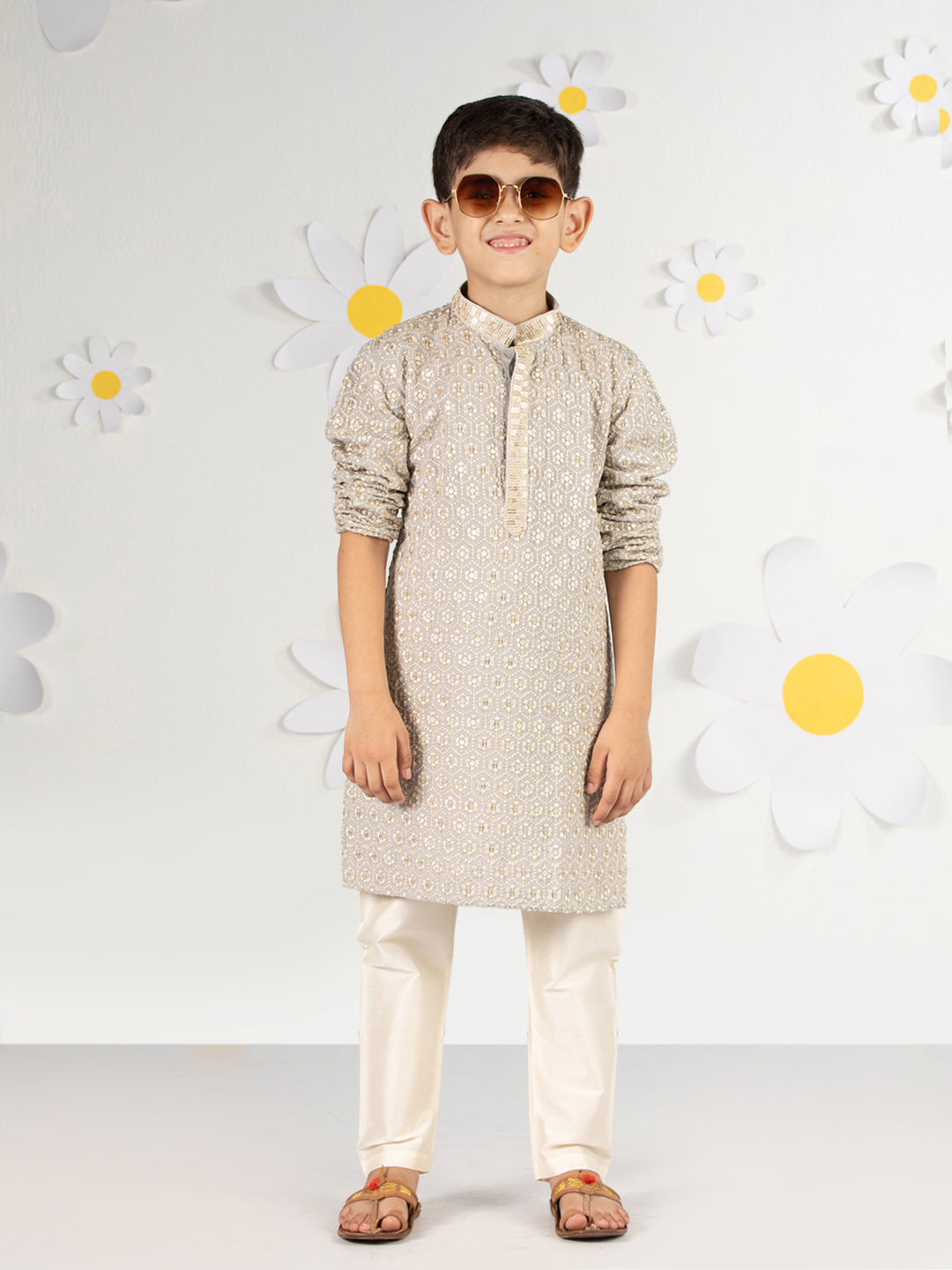 Boy's Grey Kurta Pyjama Set With Sequin Embroidery