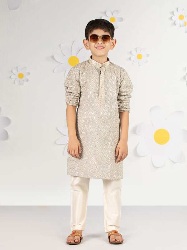 Boy's Grey Kurta Pyjama Set With Sequin Embroidery