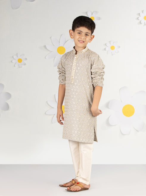 Boy's Grey Kurta Pyjama Set With Sequin Embroidery