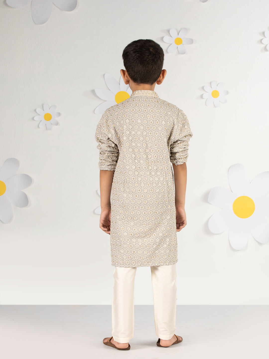 Boy's Grey Kurta Pyjama Set With Sequin Embroidery