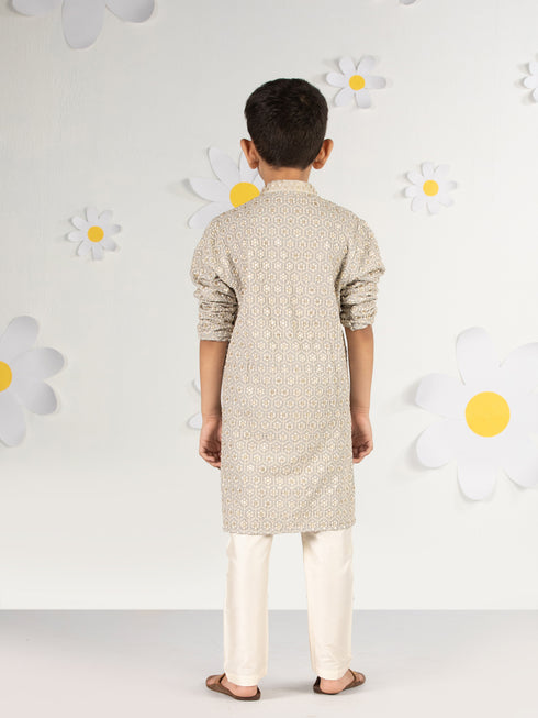 Boy's Grey Kurta Pyjama Set With Sequin Embroidery