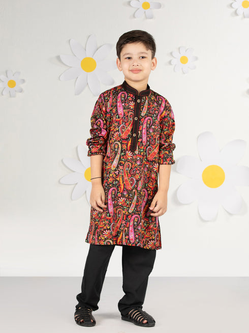Boy's Black Kurta Pyjama Set With Paisley Print