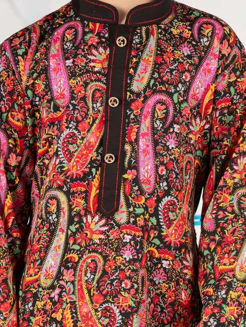 Boy's Black Kurta Pyjama Set With Paisley Print