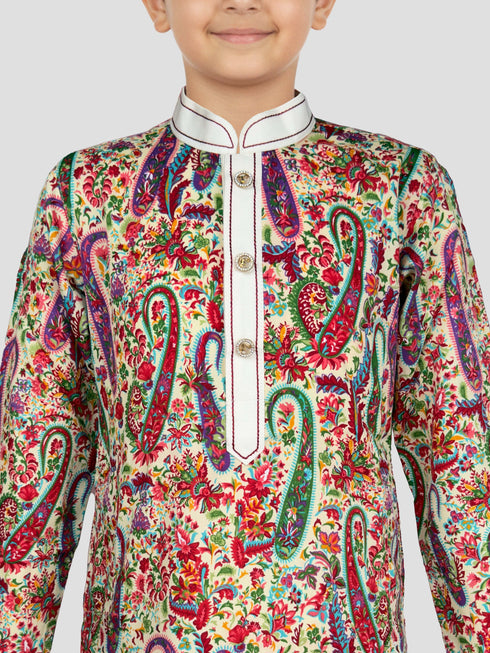 Boy's Cream Crepe Kurta And Pyjama Set