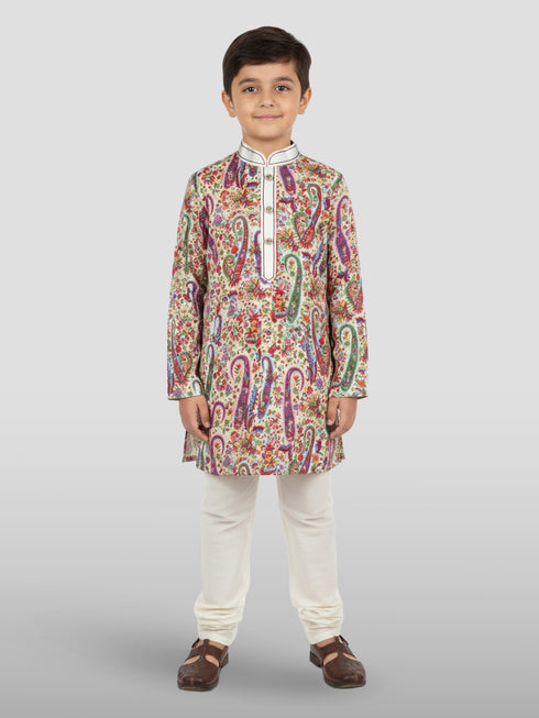 Boy's Cream Crepe Kurta And Pyjama Set