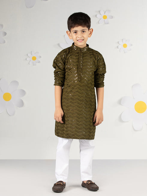 Boy's Mehendi Green Kurta Pyjama Set With Sequin Work