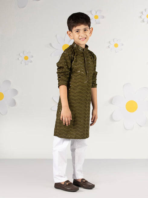 Boy's Mehendi Green Kurta Pyjama Set With Sequin Work