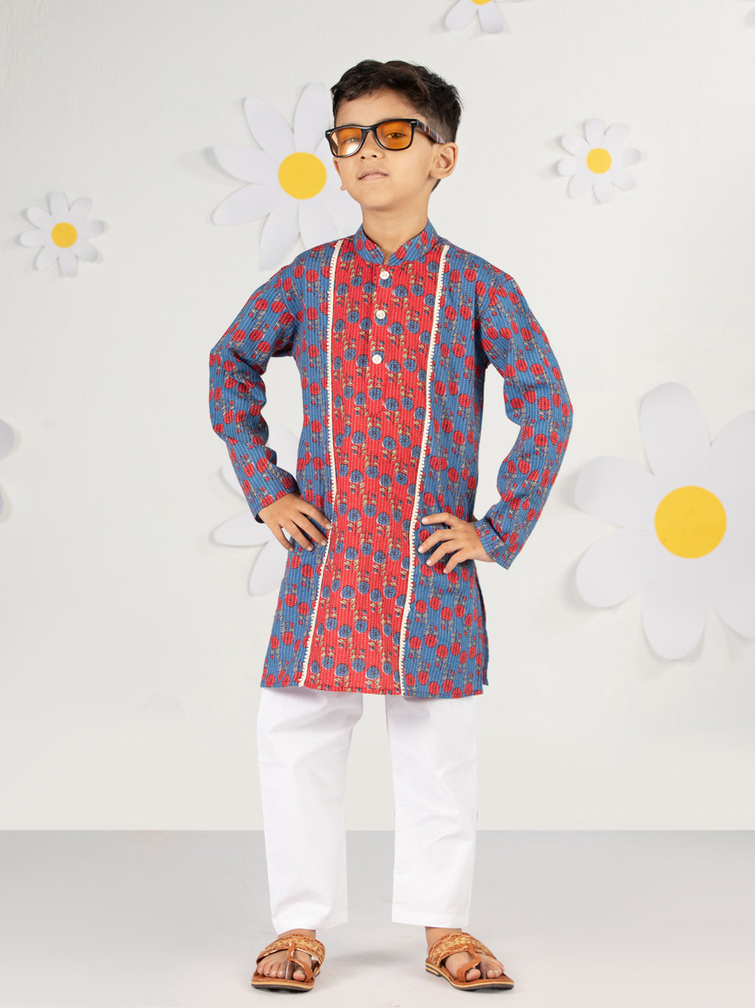 Boy's Blue Kurta Pyjama Set With Kantha And Floral Print