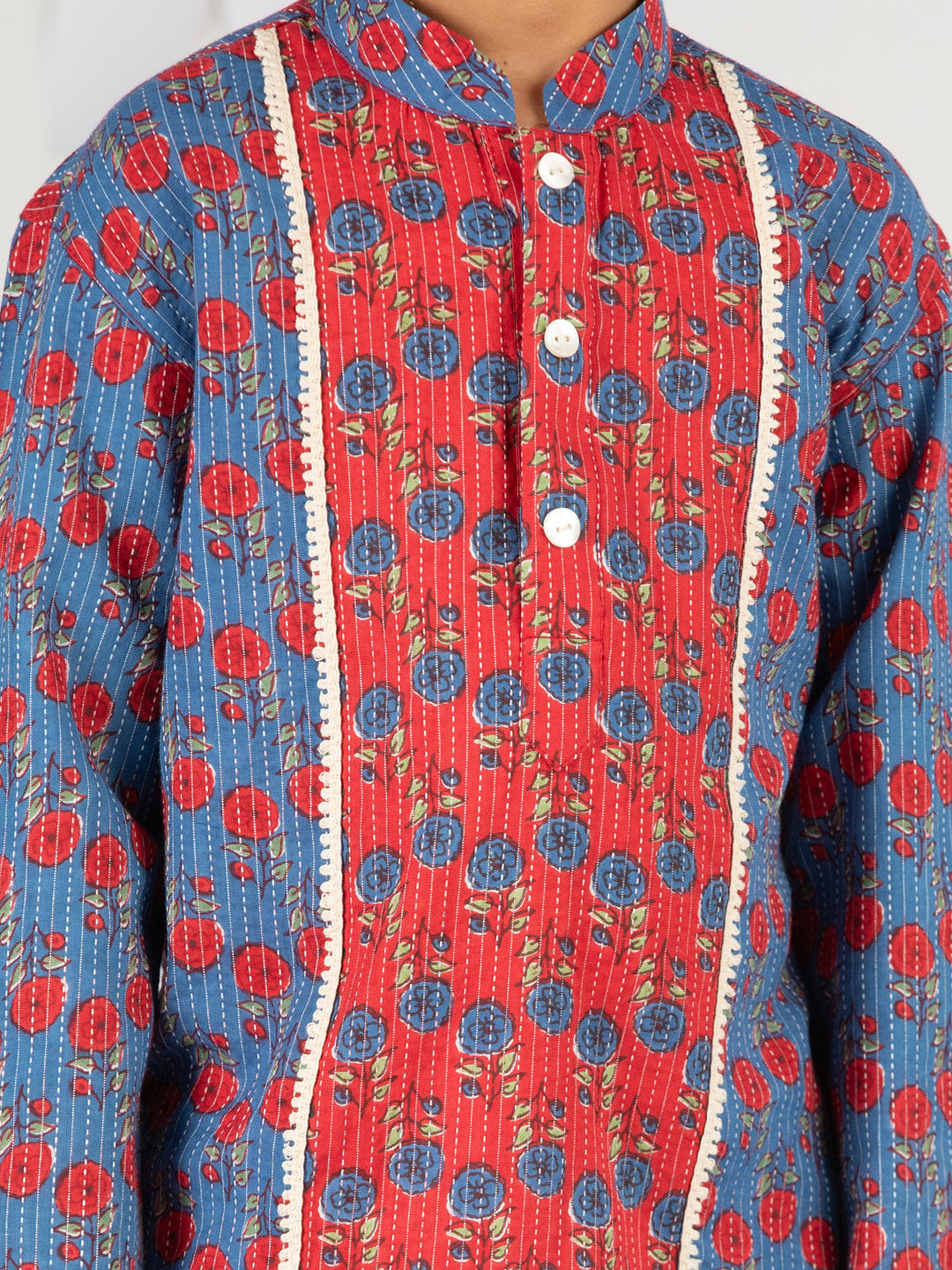 Boy's Blue Kurta Pyjama Set With Kantha And Floral Print