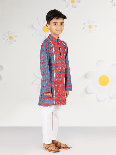 Boy's Blue Kurta Pyjama Set With Kantha And Floral Print