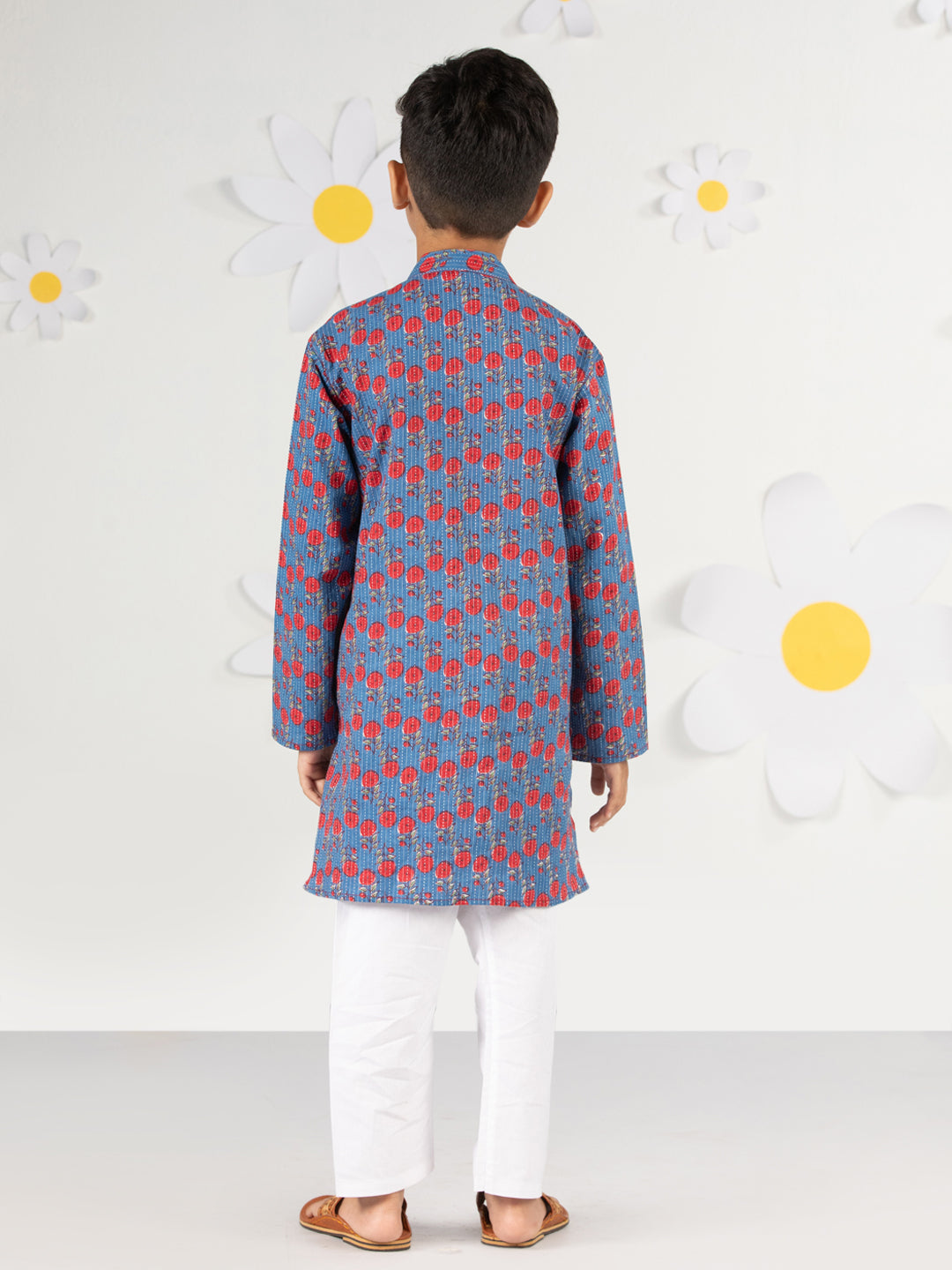Boy's Blue Kurta Pyjama Set With Kantha And Floral Print