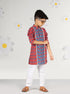 Boy's Red Kurta Pyjama Set With Kantha And Floral Print