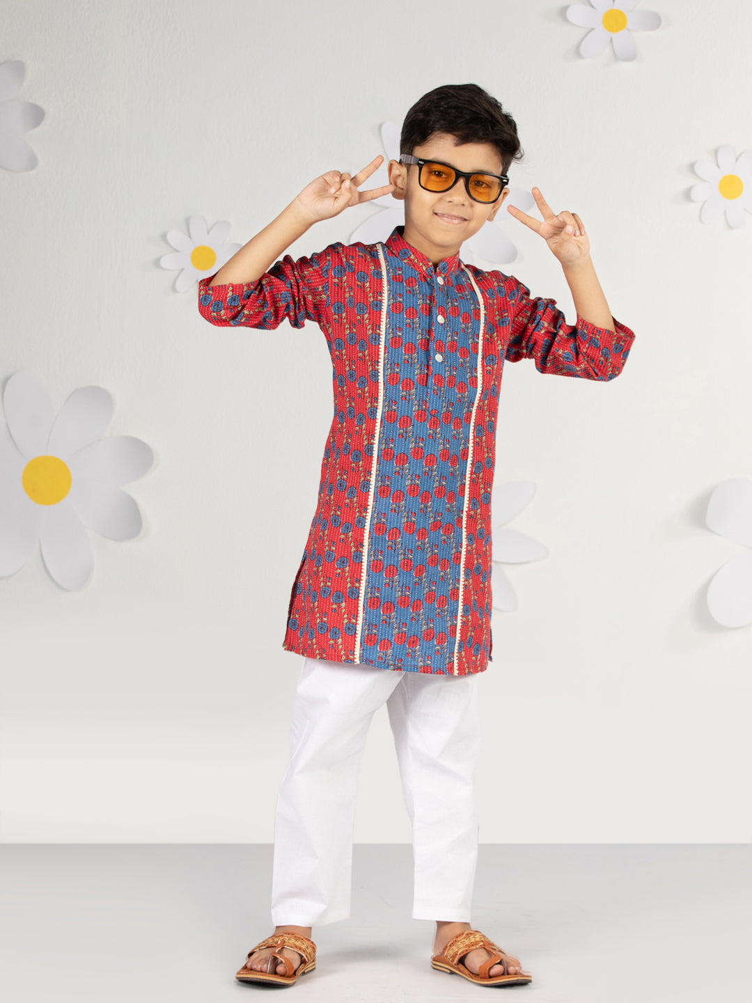 Boy's Red Kurta Pyjama Set With Kantha And Floral Print