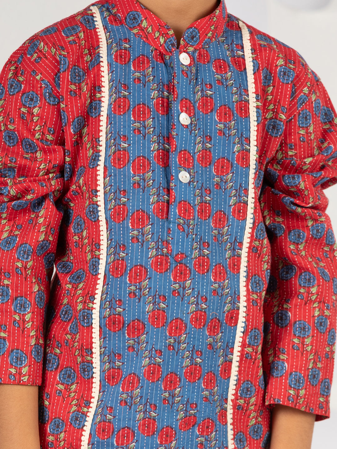 Boy's Red Kurta Pyjama Set With Kantha And Floral Print