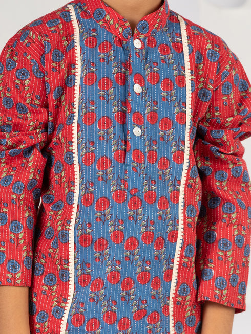 Boy's Red Kurta Pyjama Set With Kantha And Floral Print