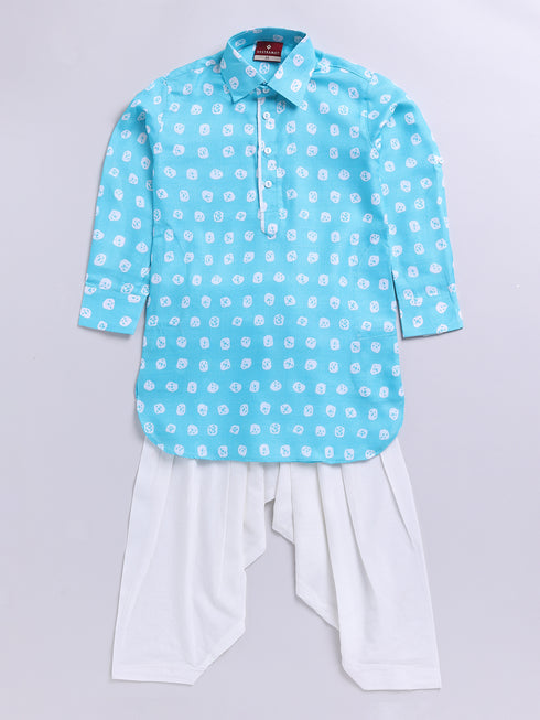 Boy's Aqua Floral Linen Slub Kurta Patiala Set