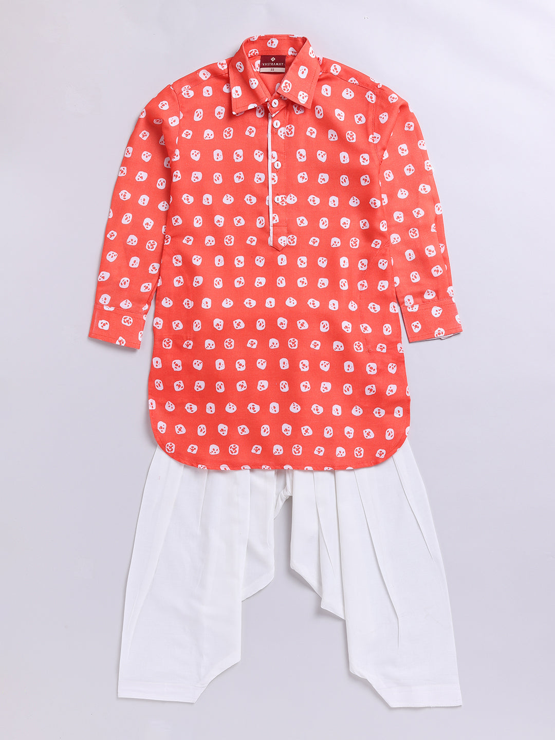 Boy's Orange Floral Linen Slub Kurta Patiala Set